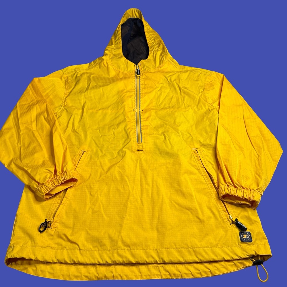 Vintage Starter Yellow Rain Jacket M 1/2 Zip Poncho Nylon Hood Outdoor Y2K
